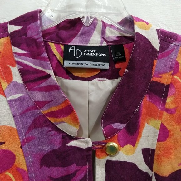 VTG 80s Linen Floral Jacket 3X Peplum Gold Button Mandarin Collar Sunset Rose - Picture 6 of 6